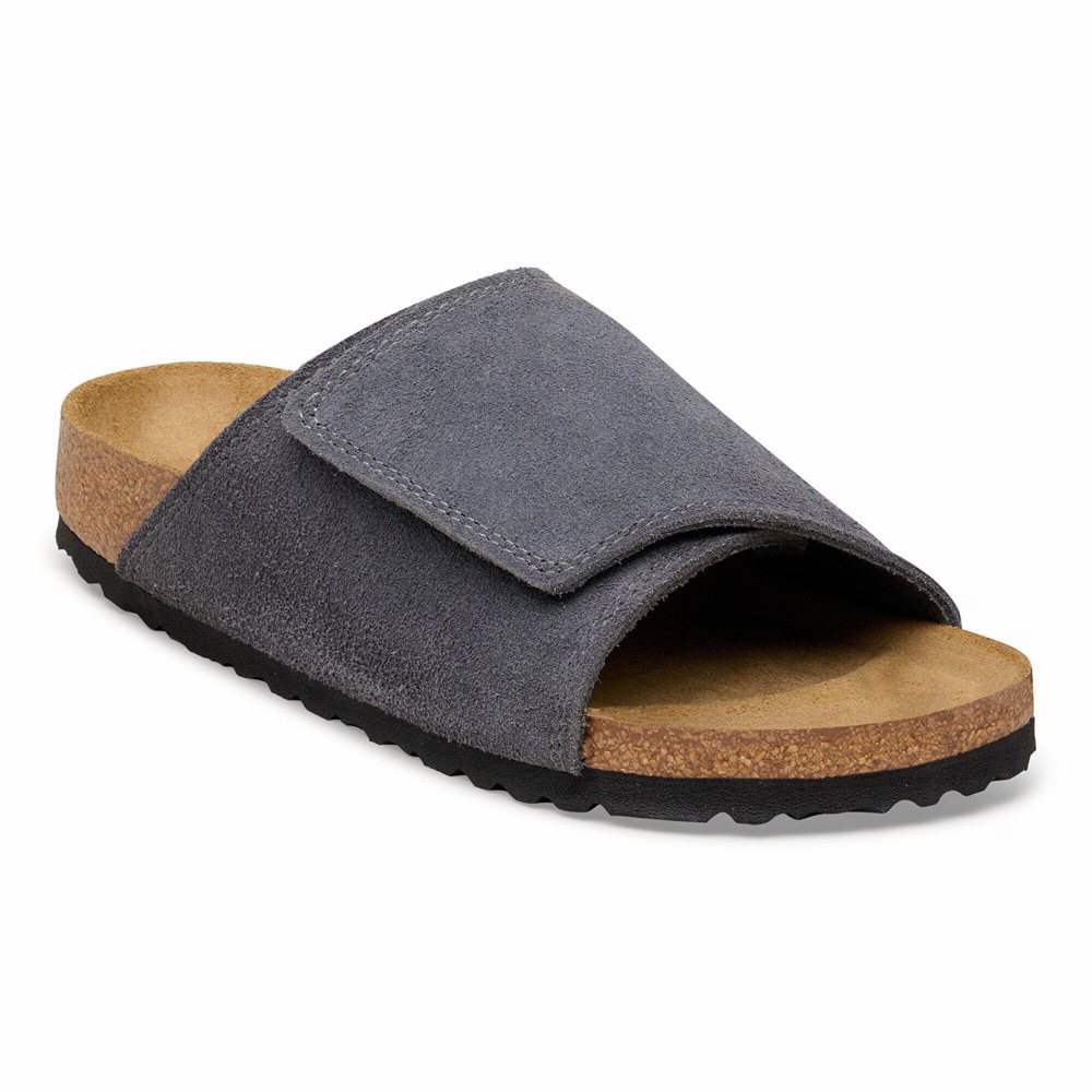 Grey suede single-strap slide sandal on a cork footbed