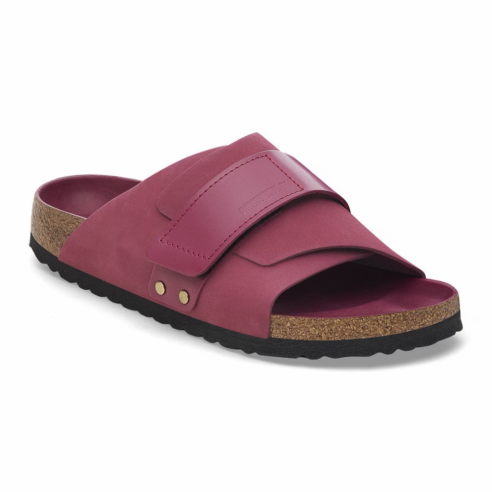 Pink nubuck-leather single-strap slide sandal on a cork footbed