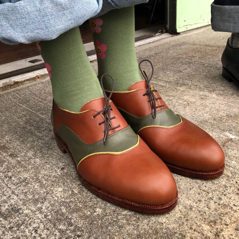Handmade brown and olive leather saddle shoes